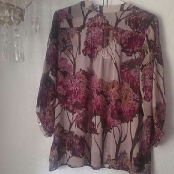 Bellatrix Mauve Pink Plum Tree Poly Semi Transparent Pleated front & Back Top S - Picture 5 of 5